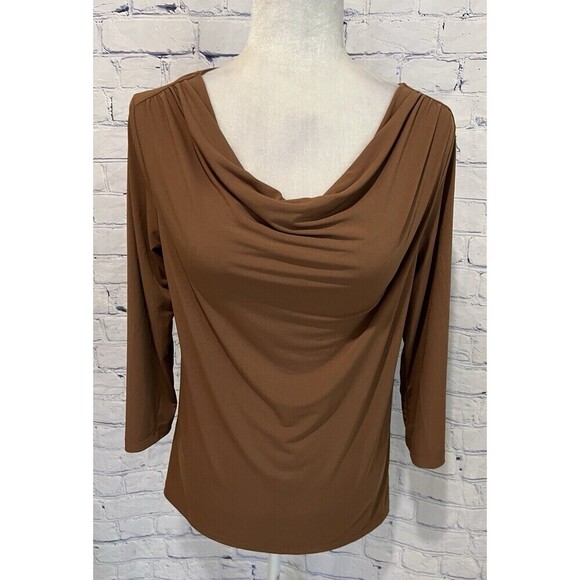 Susan Graver Brown Modern Essentials Liquid Knit Cowl Neck Top QVC Size XS - Picture 2 of 7
